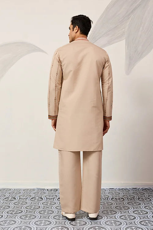 Premium Beige Embroidered V Neck Kurta Pant Set