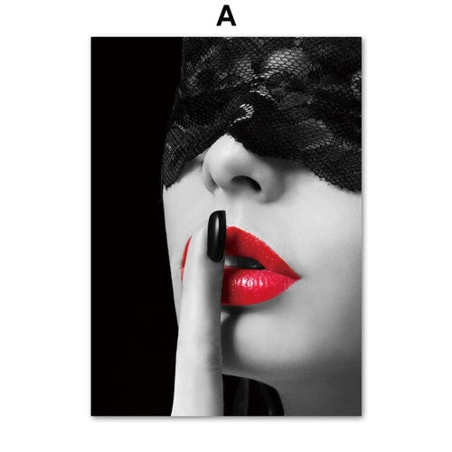 Vogue Sexy Girl Red Lips Feather Wall Art
