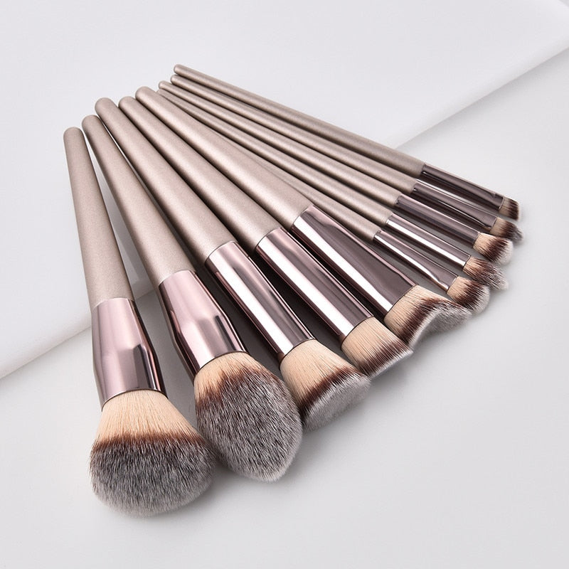 10pcs Champagne Makeup Brushes Set Foundation Powder Blush Eyeshadow