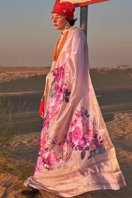 Light Peach Tussar Silk Saree with Unstitched Blouse