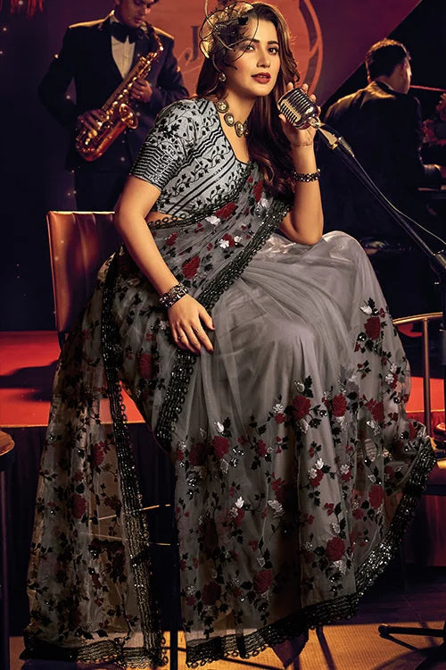 Light Grey Digital Net Party Wear Saree with Designer Blouse