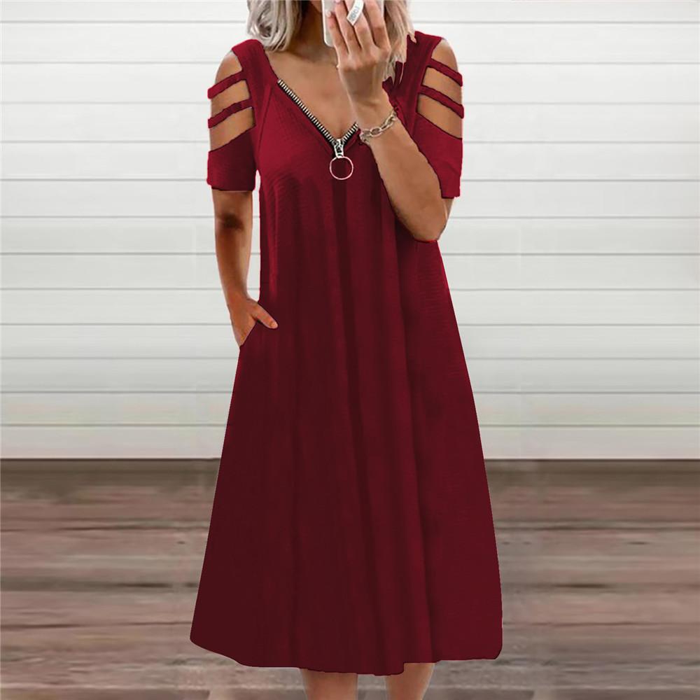 2021 Summer Women Clothing Sexy V-neck Zipper Solid Color Short