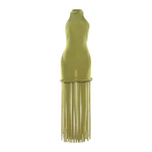 Spring Women Tassel Design Halter Sexy Backless Solid Color Dress