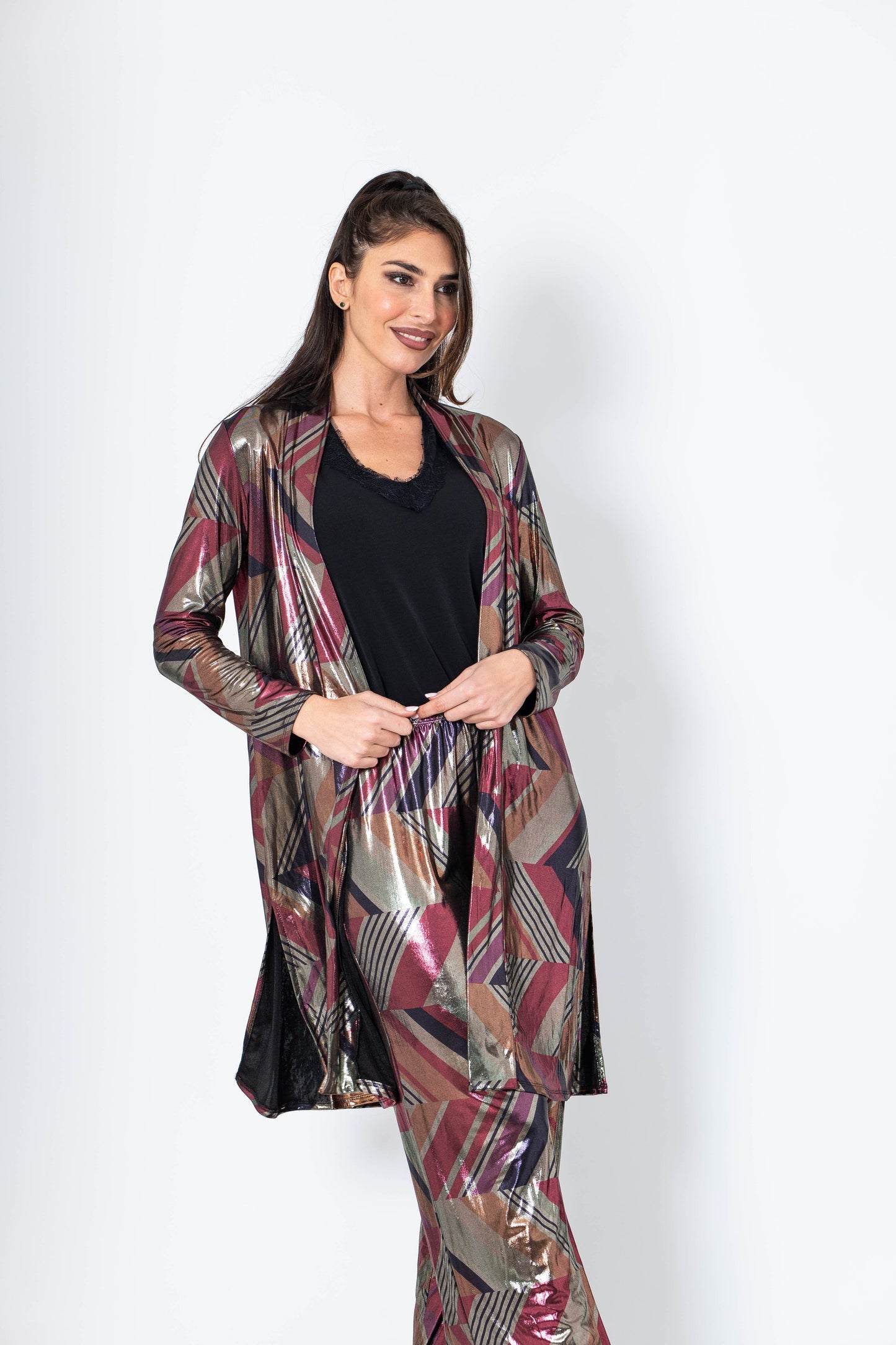 Conjunto de pantalón y chaqueta de brillo fuxia
