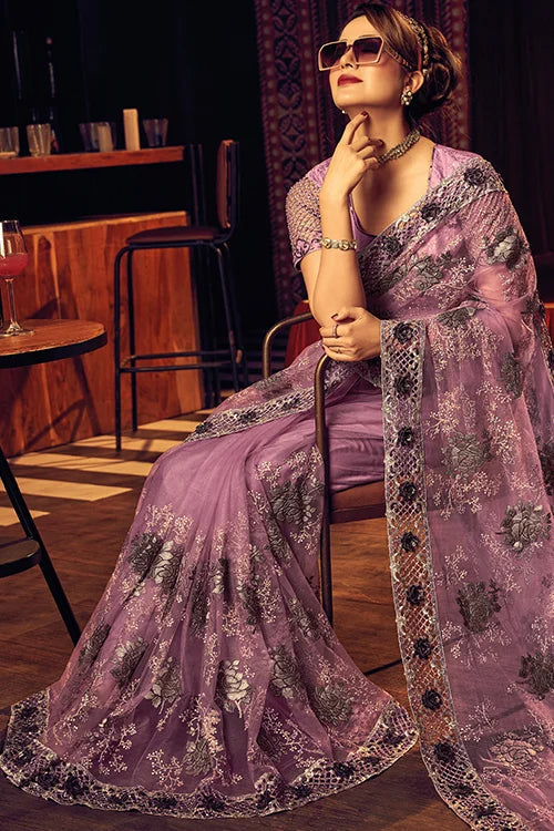 Pink Zari Work Digital Net Party Wear Saree With Blouse