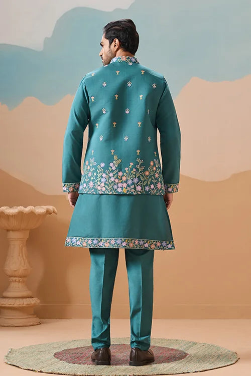 Wedding Party Outfit Rama Green Kurta Koti Pant for Men