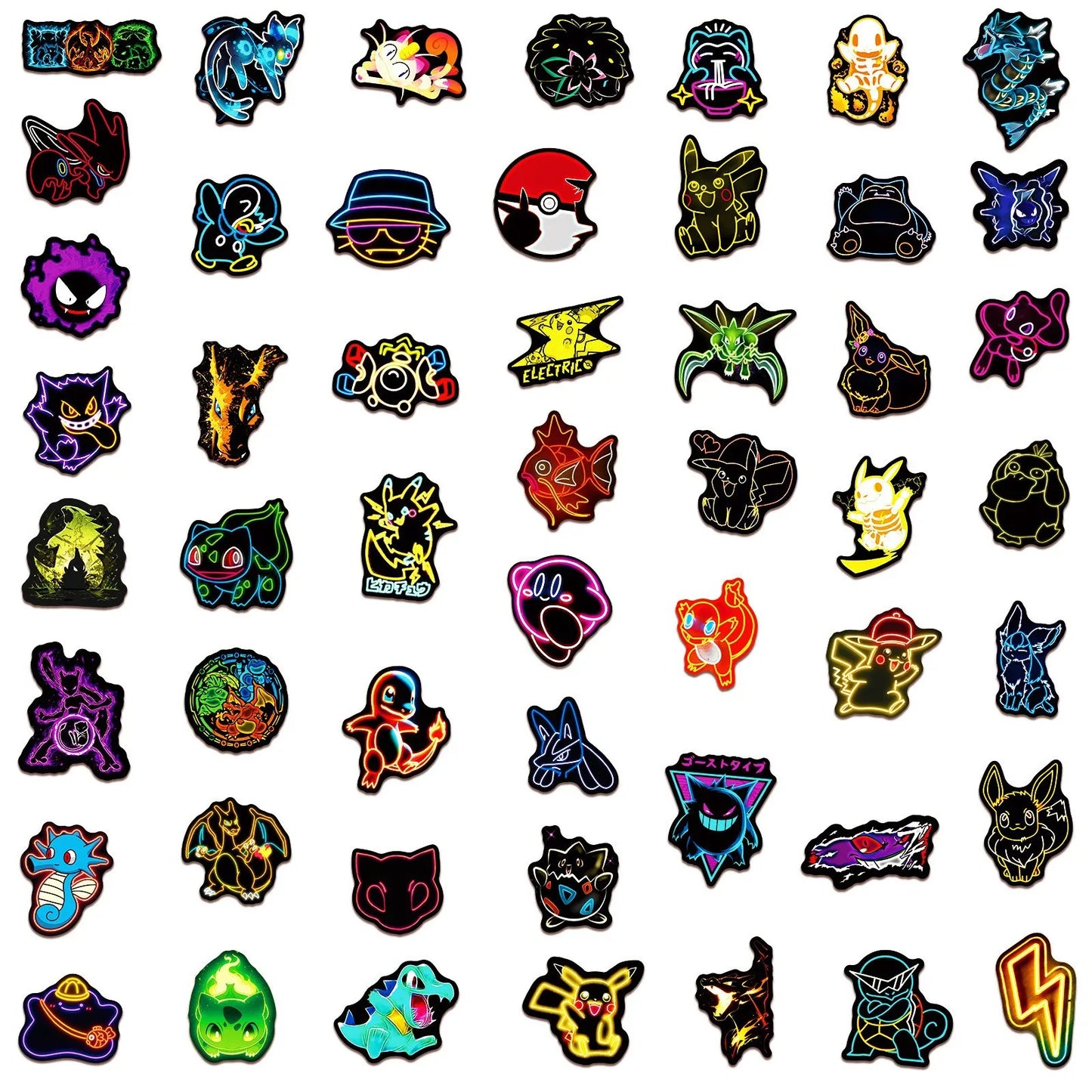 50pcs Anime Neon Pokemon Stickers Pikachu Cartoon Decals Waterproof