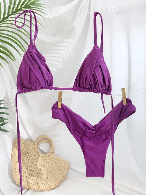 Sexy Folds Bikini Set Solid Micro Bikinis Women Swimsuit Female