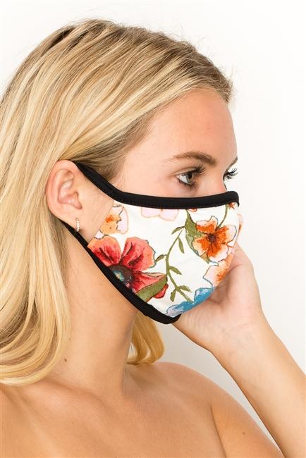 FASHION MASK 101-FL3-WHITE-floral double layer contoured face mask.