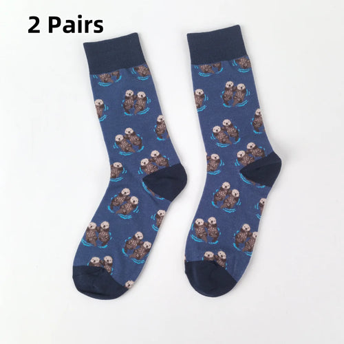 1 Pair Comfy Novelty Cute Brothers Otter Swimming Mid-Calf Men's Socks