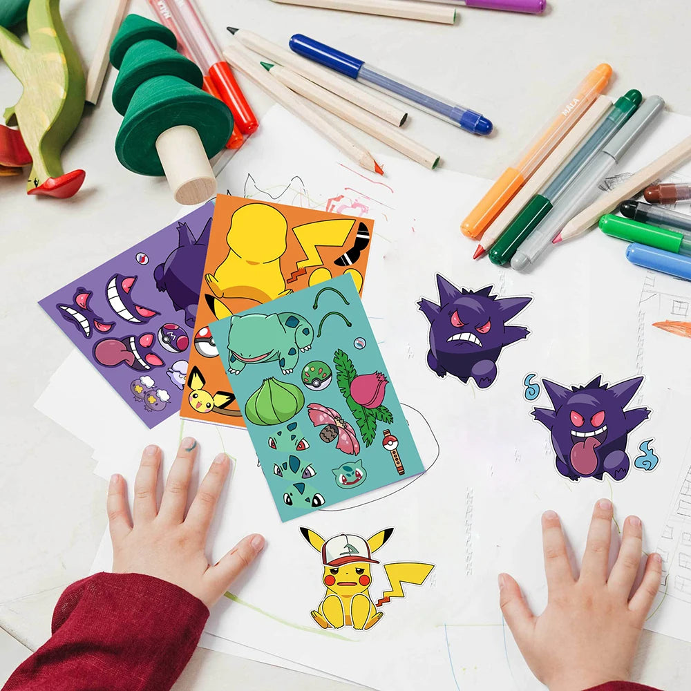 8/16sheets Pokemon Anime Pikachu Gengar Puzzle Stickers Make A Face