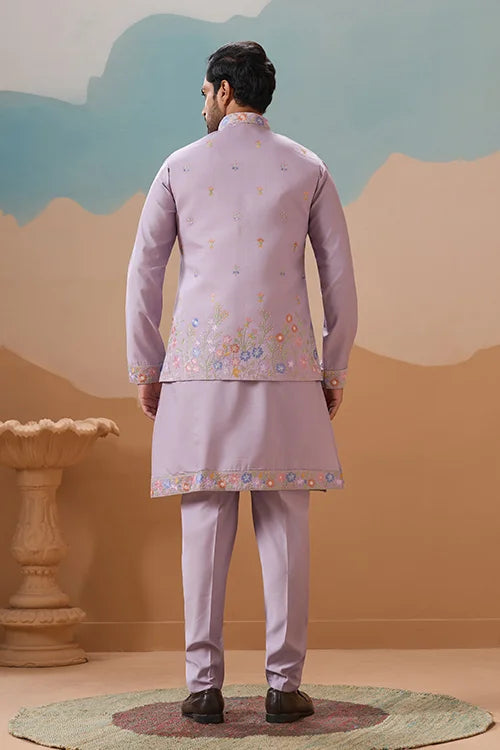 Trendy Lavender Wedding Celebration Beige Kurta Koti Pant Mens