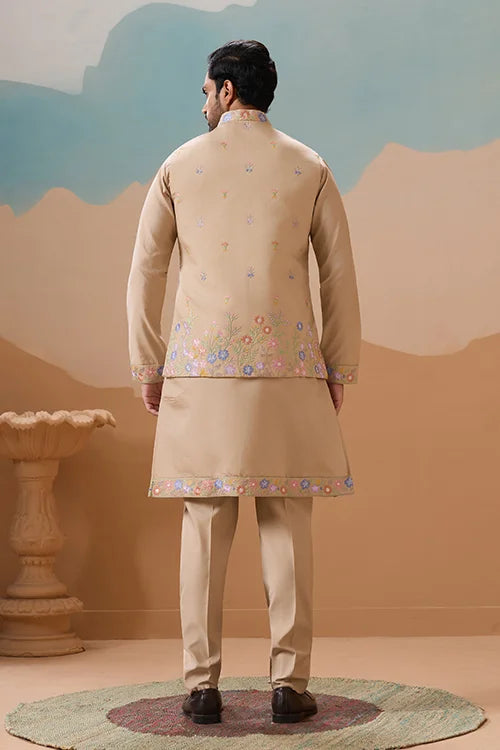 Celebration Beige Kurta Koti Pant Wedding Outfit for Men