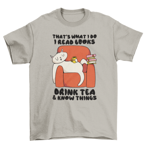 Cat reading books cartoon t-shirt