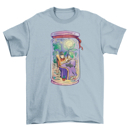 Girl in jar reading books with cat aesthetic t-shirt