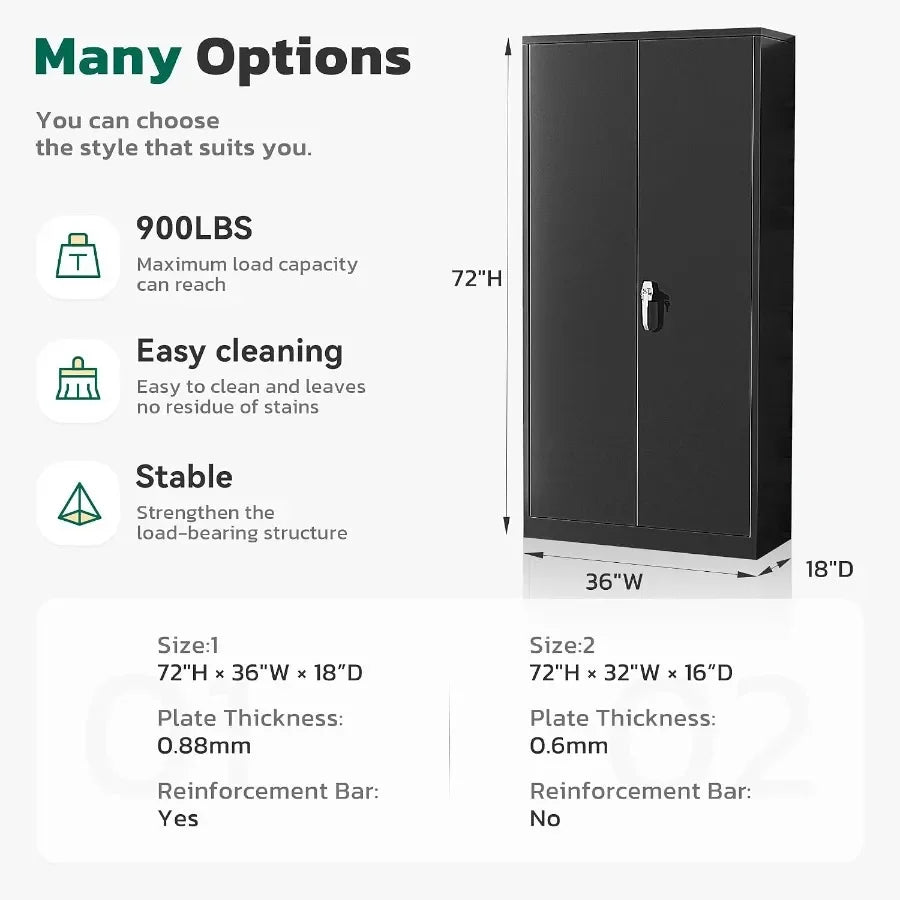 Office, home, garage, school storage cabinet; metal; black; 72 H x 36 W x 18 D with 2 doors and 4 adjustable shelves