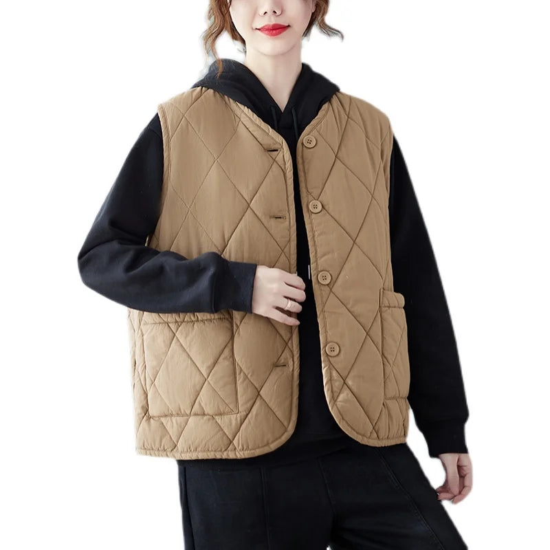 Loose V-Ne Ladies Jaet Vest Large Size Open Ba Cotton Fabric Faionable Diamond Patterned Autumn New Sle 2025