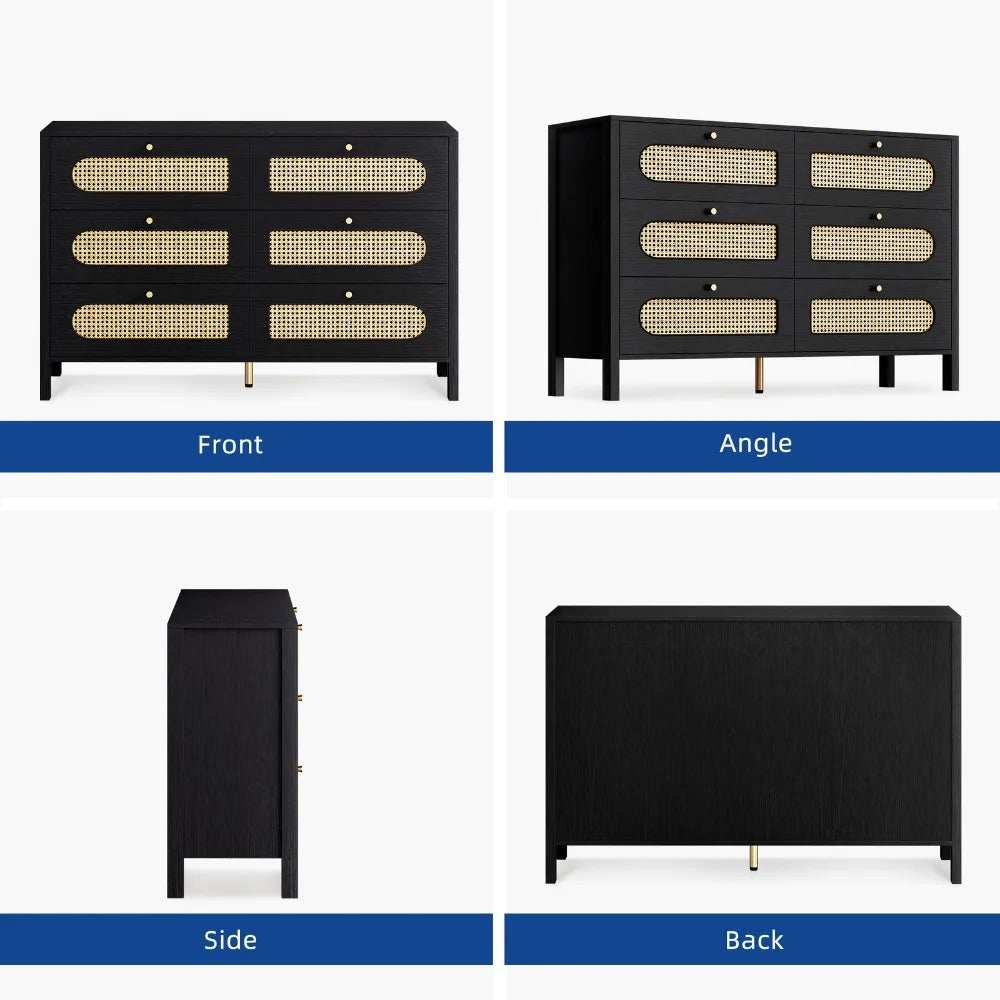 6-Drawer Rattan Closet Adjustable Height Storage Cabinet Sideboard Bedroom