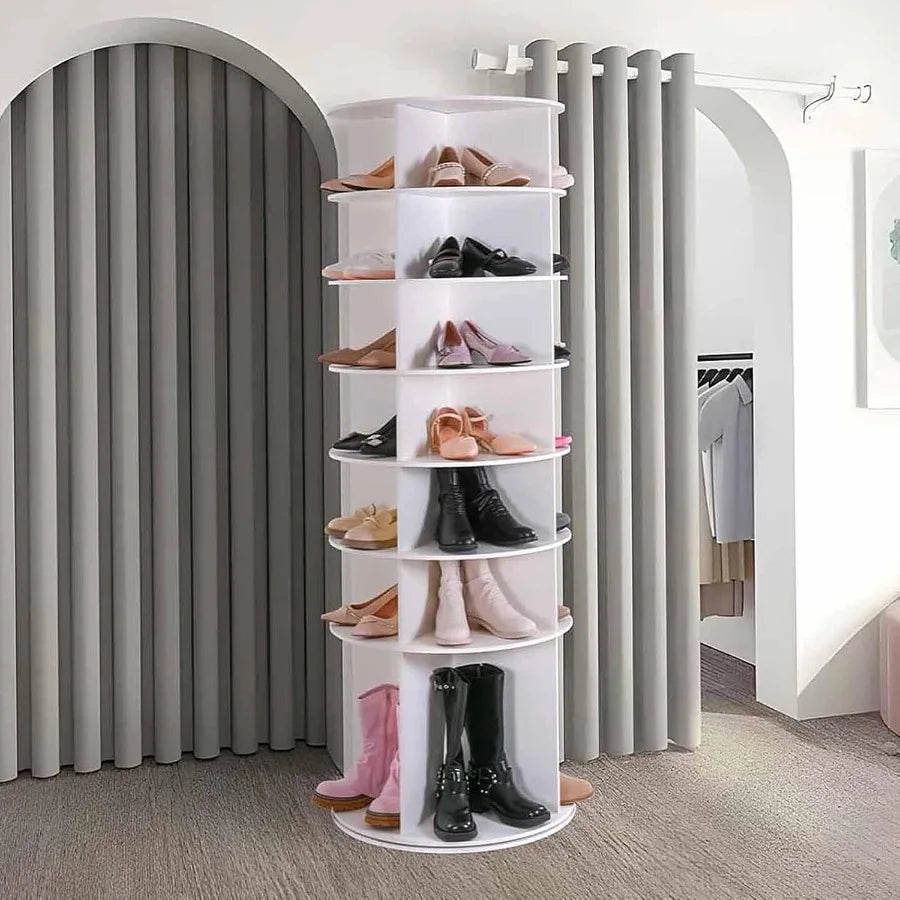 Entryway closet storage organizer: white rotating 7-tier shoe rack tower with 360 spin, made of durable plastic, space-saving a