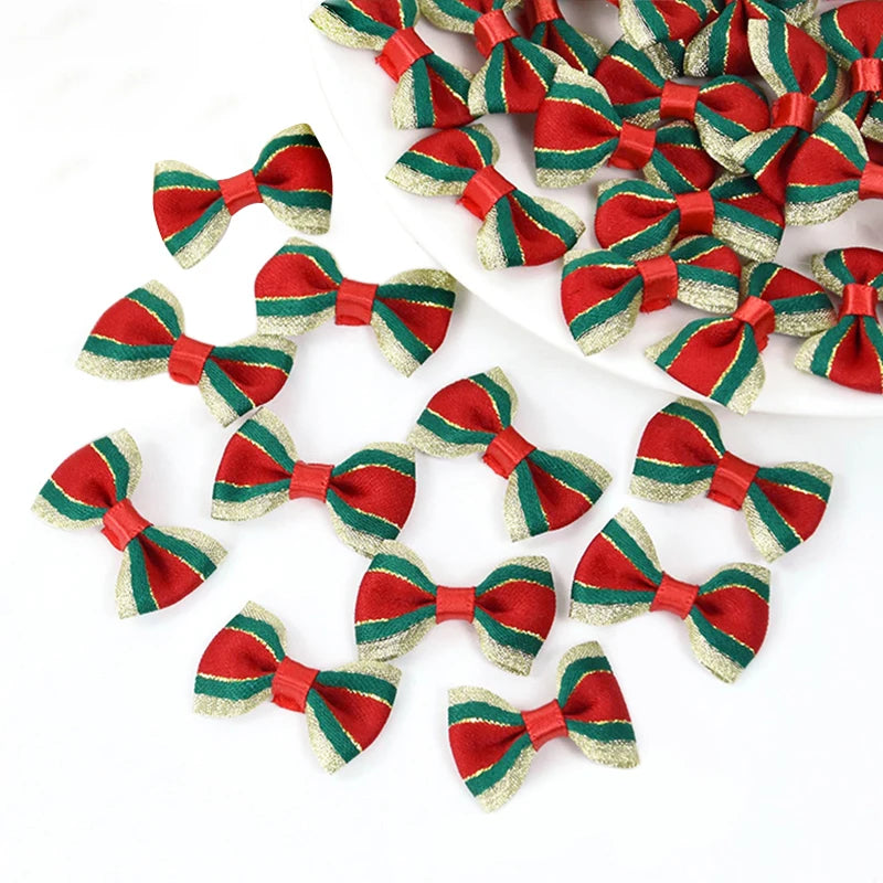 30Pcs Christmas Mini Bow Knot Xmas Tree Ornaments DIY Wreath Craft Girls Hair Accessories 2025 New Year Gift Wrapping Decoration