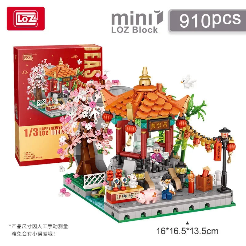 MOC LOZ small particle building blocks Jiangnan water town four corner Pavilion assembled toy gift