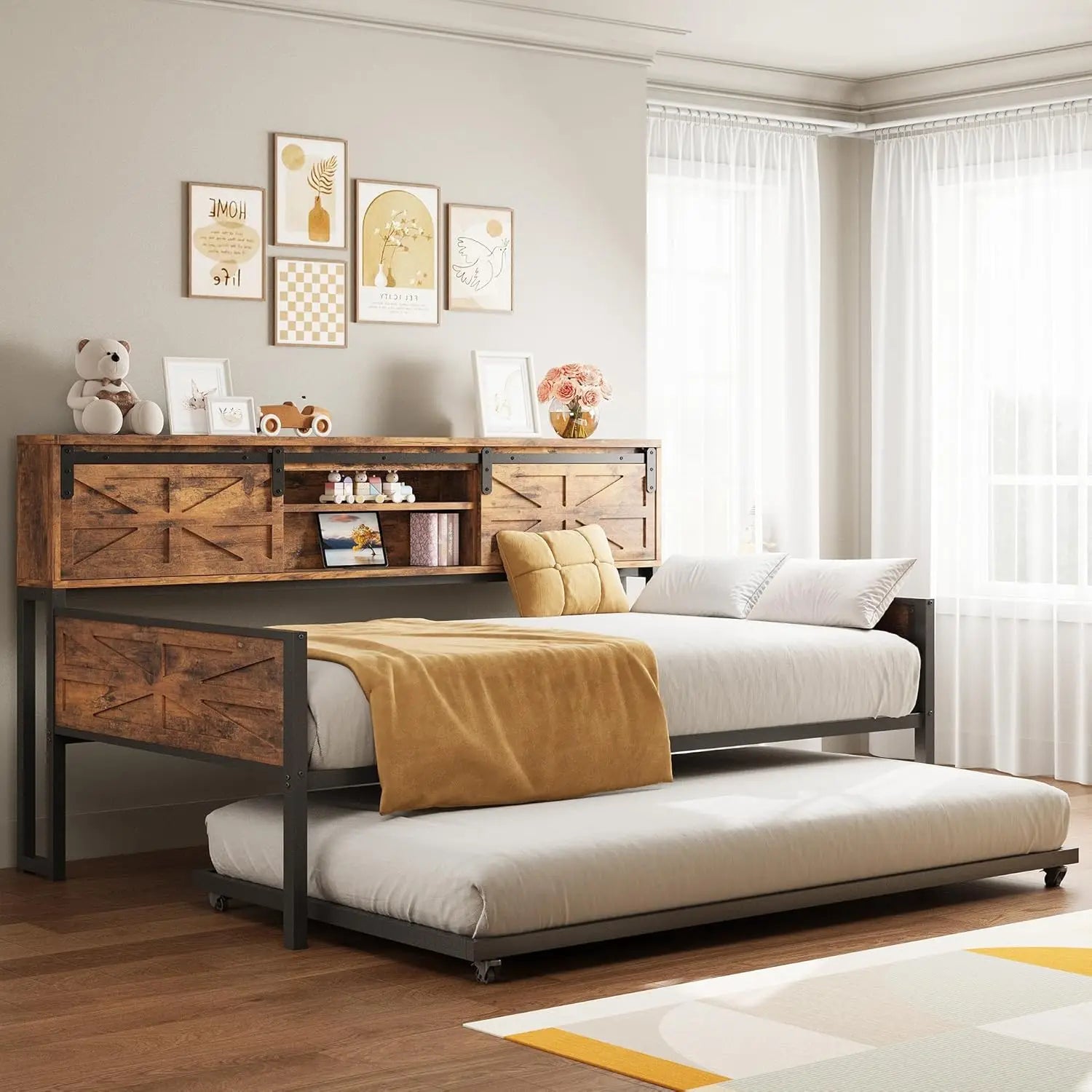 Daybed with Trundle, Rustic Bed Twin with Storage and Charging Station for Living Room, Bedroom and Guest Room