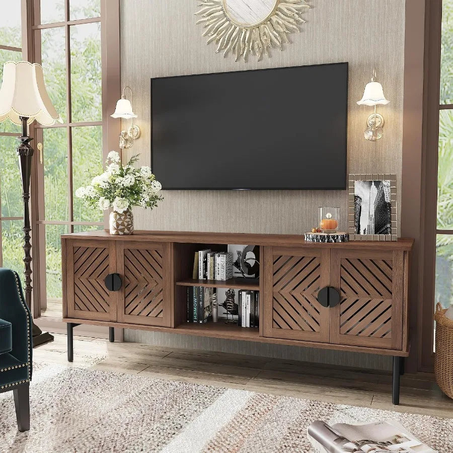 63 TV Stand for Living Room, Engineered Wood Entertainment Center with Storage Shelves, Brown Finish, Modern Style and Sturdy C