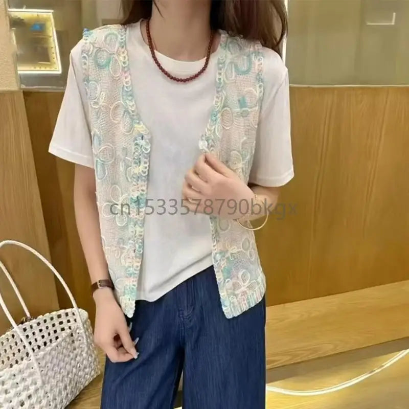 Summer Elegant Crochet Knit Flower Sleeveless Button Up Vest Cardigan for Women J78E