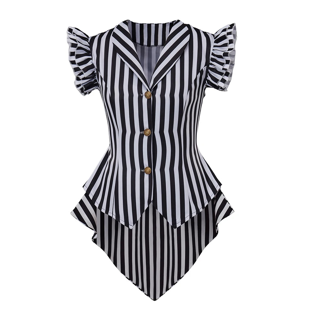 Women Gothic Steampunk Coat Striped Lapel Collar Jacket Victorian Punk V Neck Jacket Tops Daily Ladies Halloween Costume