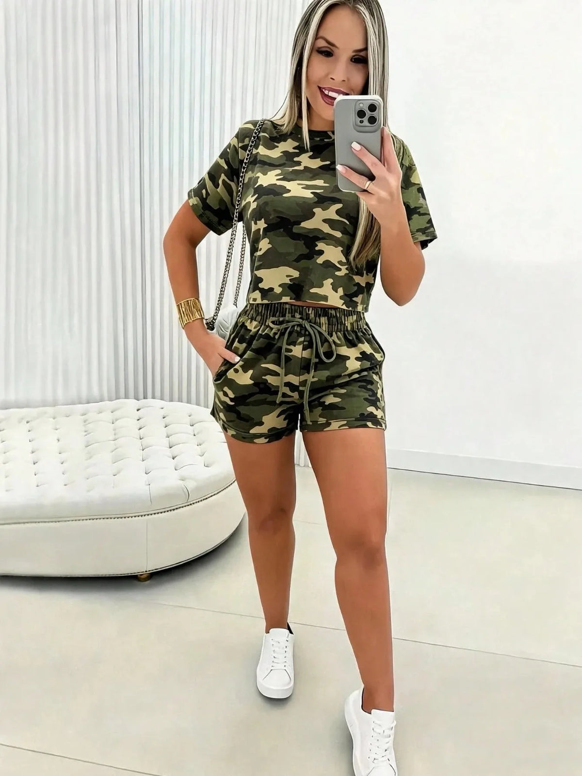 2026 Women's Short-Sleeve Set Brazilian Print T-Shirt Set Crew Neck Retro Streetwear Trendy Clothing Crop Top Sports Set