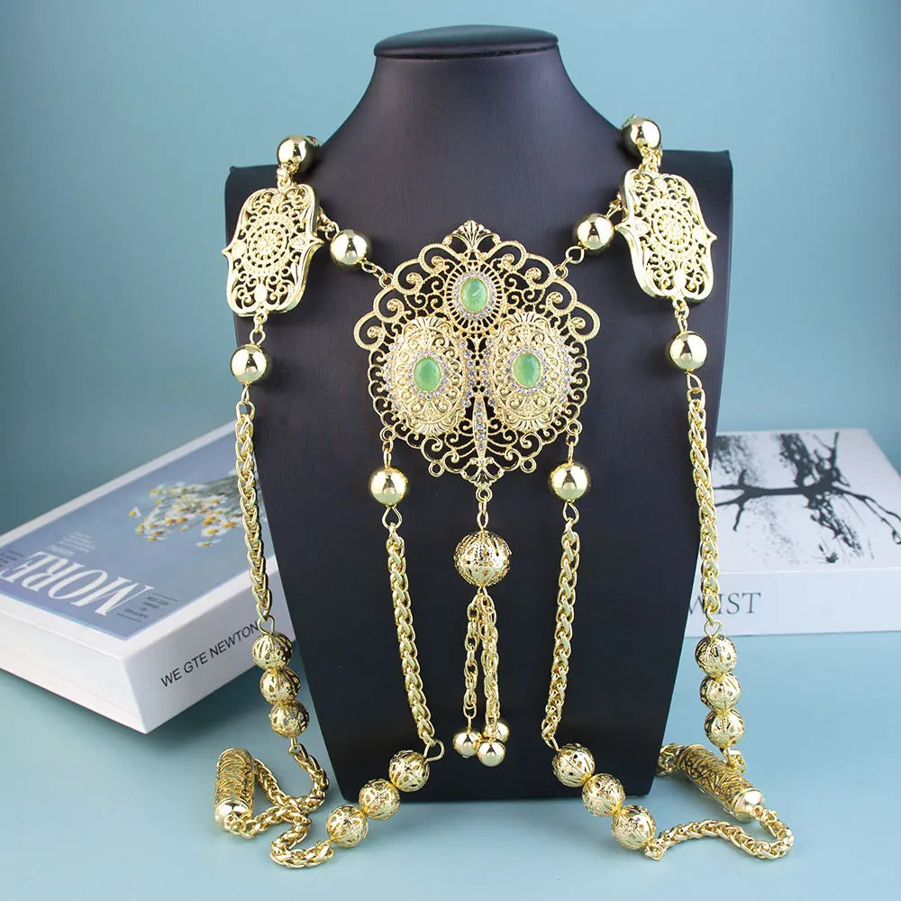 Sunspicems Chic Moroccan Bride Body Jewelery Algeria Women Back Shoulder Chain Gold Color Arabic Wedding Jewelry Long Necklace