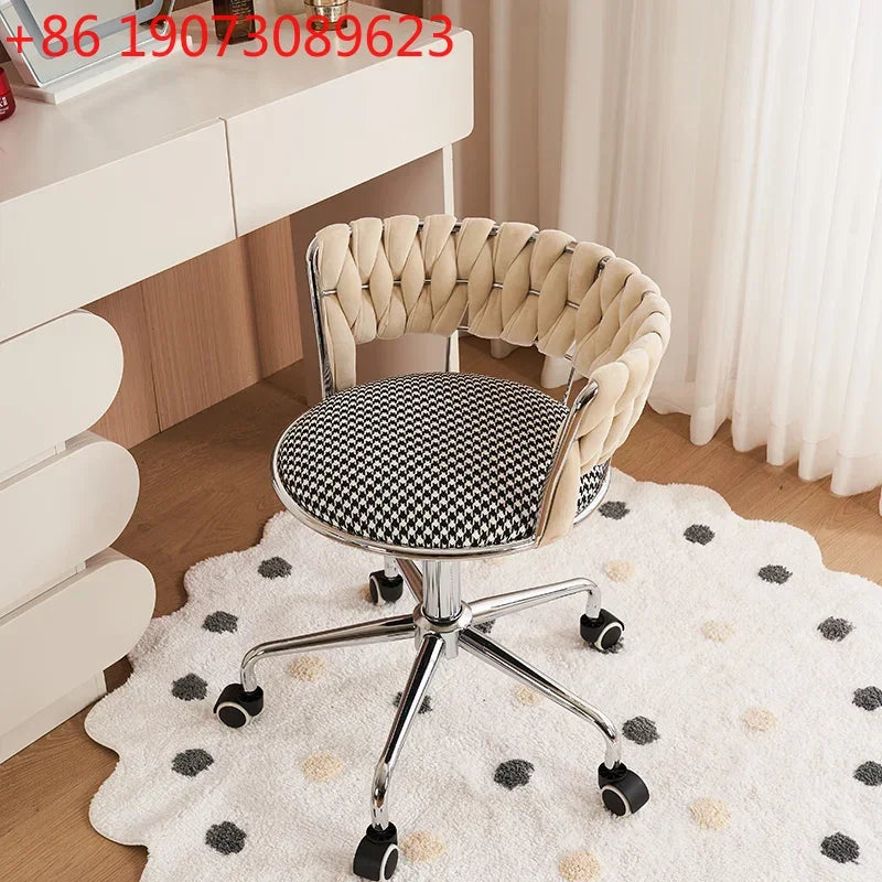 Nordic Makeup Chair With Woven Backrest, Houndstooth Pattern Seat For Bedroom,
