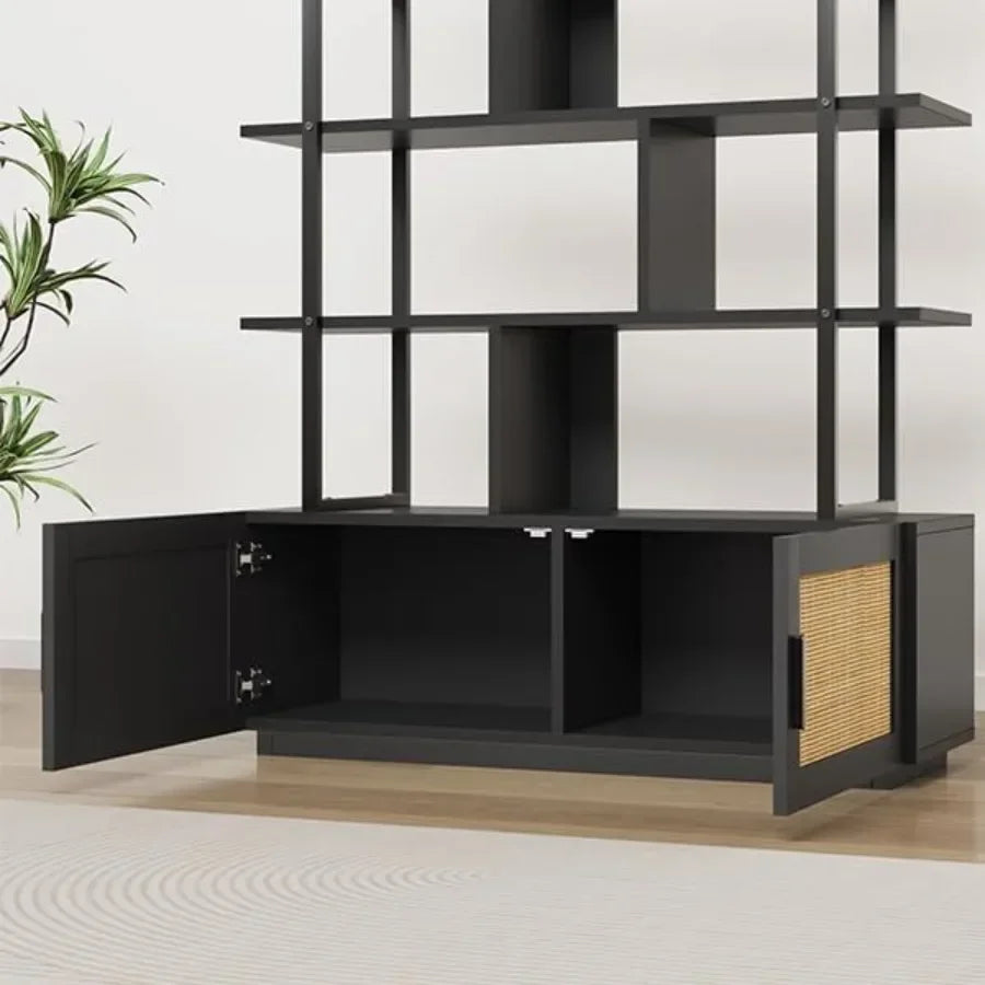 5-Tier Rattan Bookshelf with Storage Cabinet Door 71.1-Inch Tall Industrial Bookcase for Living Room Black Metal Frame Woven Ra