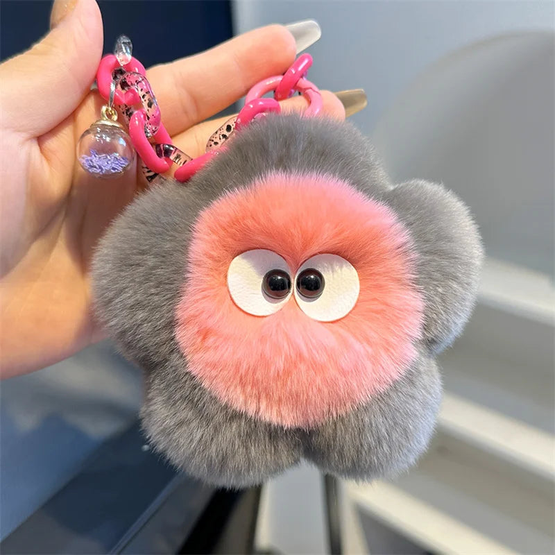 Rex Rabbit Fur Keychain Cute Plush Flower Keychain Car Bag Charms Keyring Pendant Accessories Keychain On The Phone Car Key Ring