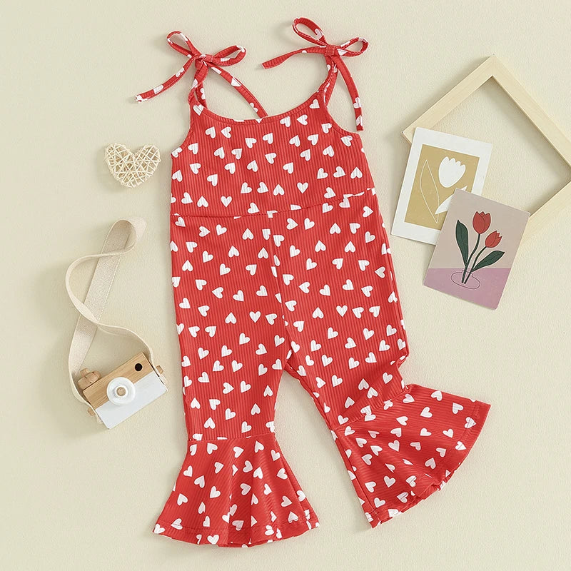 1-5Y Toddler Girls Valentine's Day Jumpsuit Heart Print Sleeveless Tie-Up Spaghetti Straps Bell-Bottoms Romper Overalls Clothes