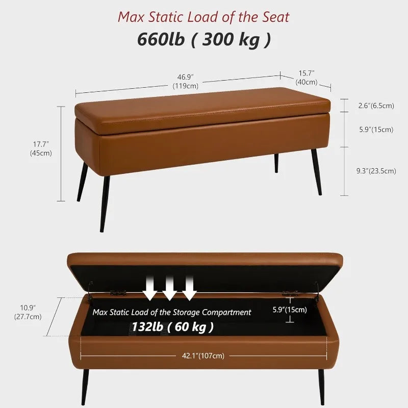 Leather Storage Ottoman Bench,End of Bed Bench Living Room Bedroom Dinning Room Entryway,Loads 660 lb (Without Button, Brown)