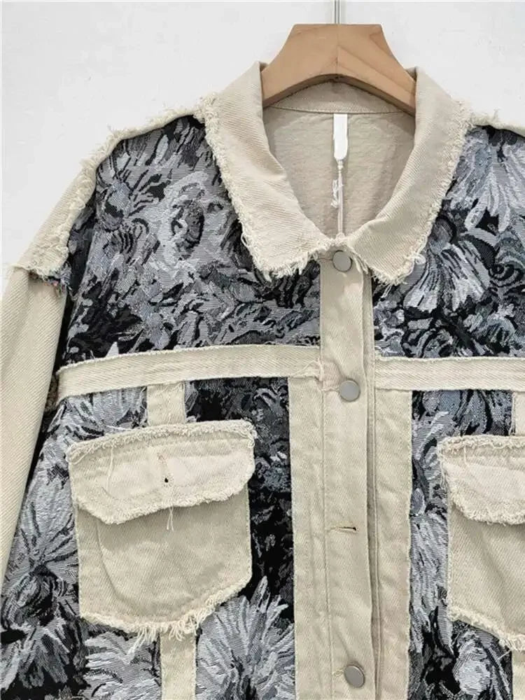 Vintage Trendy Women's Patchwork Print Loose Coat Summer Fashion Turn-down Collar Long Sleeves Jacket Female