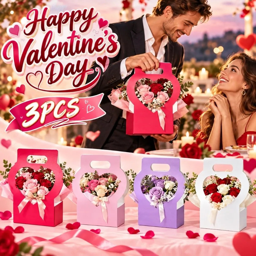 3PCS Heart-Cutout Flower Gift Box Portable Foldable Heart Shaped Gift Bags Romantic With Handle Floral Wrap Box Packaging