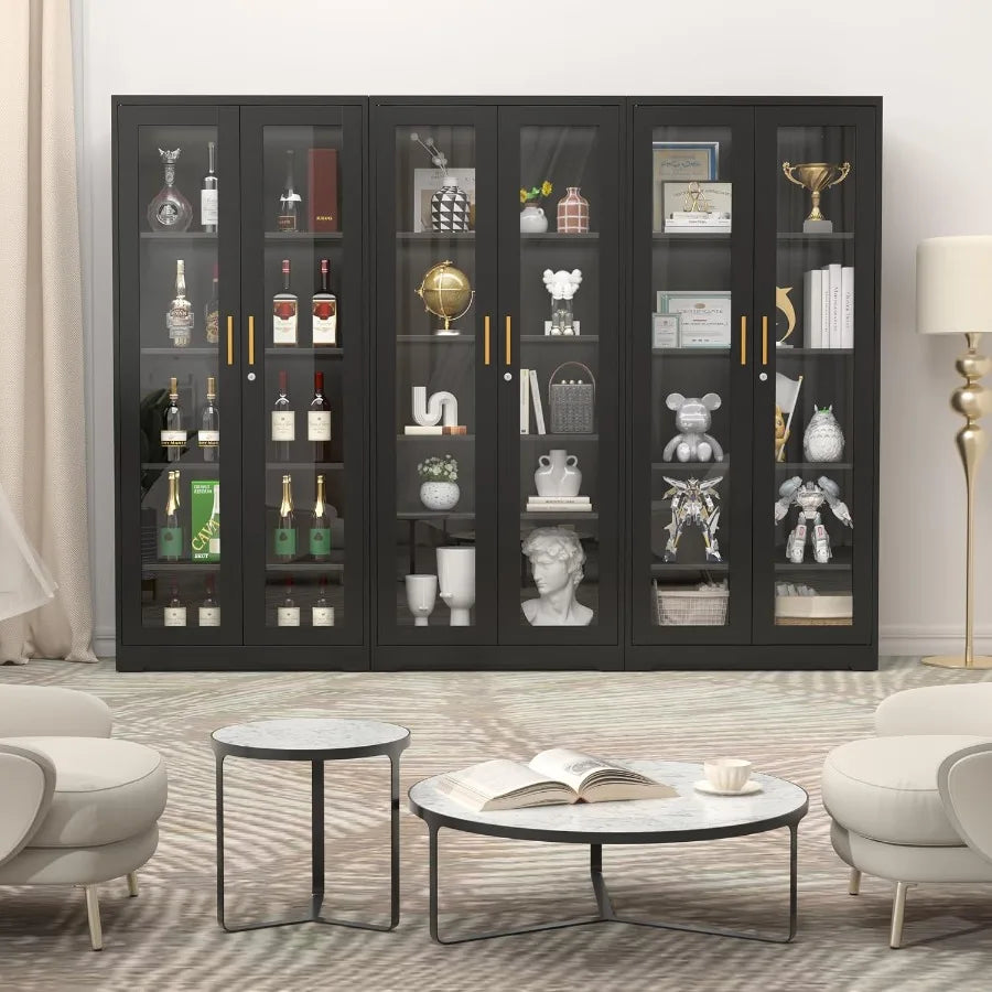 71 Glass Display Cabinet with Lock for Living Room, Tempered Glass, Black, Secure Storage and Elegant Showcase Design