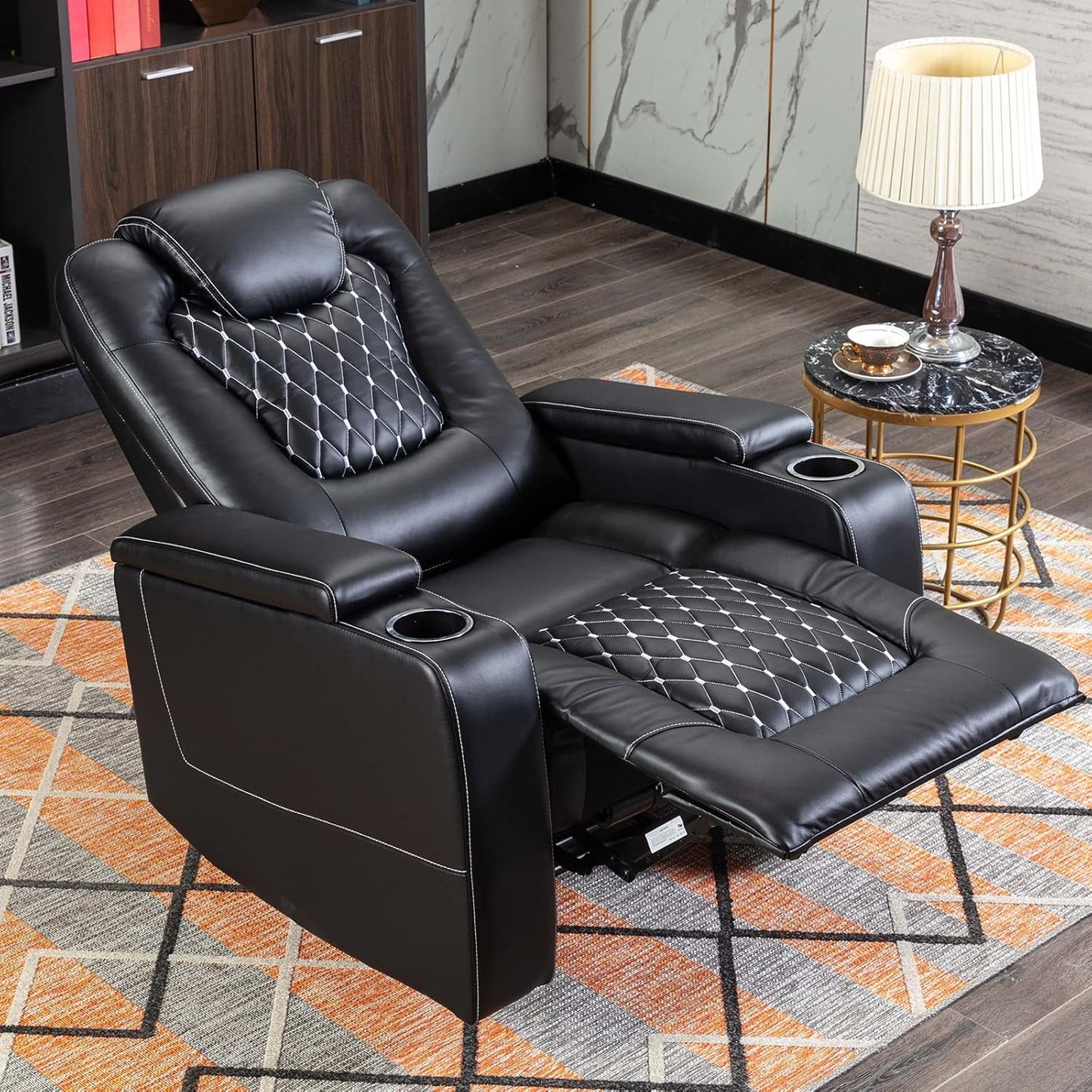 Power Recliner Chair Set Of 3 Black Leather With USB Ports