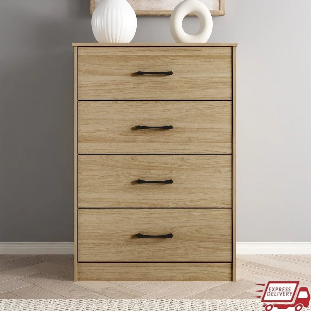 4 Drawer Dresser Tall Dresser Euro Oak Finish Easy Assembly Metal Glide System Safety Features Elegant Storage Solution Bedroom