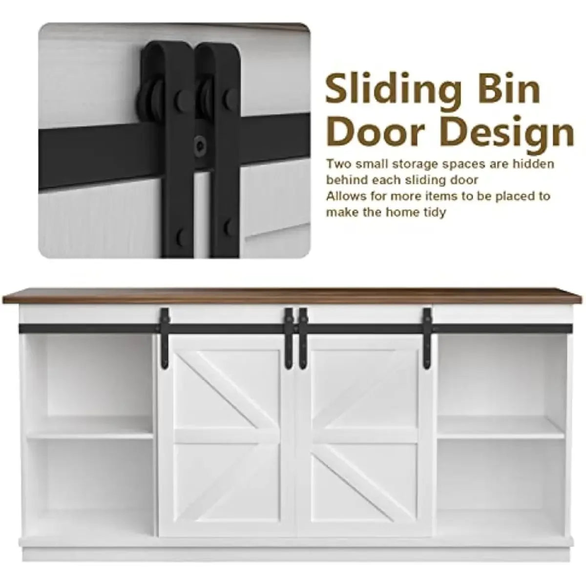 Farmhouse TV Console for 65 Inch Screens with Smooth Sliding Barn Doors Bright White Finish Durable Laminate Construction Two Co