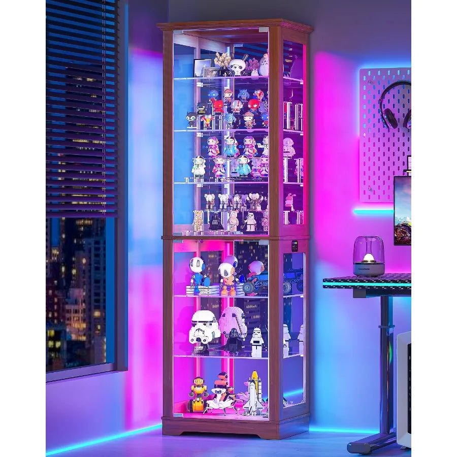 Display Cabinet with RGB Lights and Glass Doors for Collectibles: Tempered Glass, Black, Adjustable LED Lighting