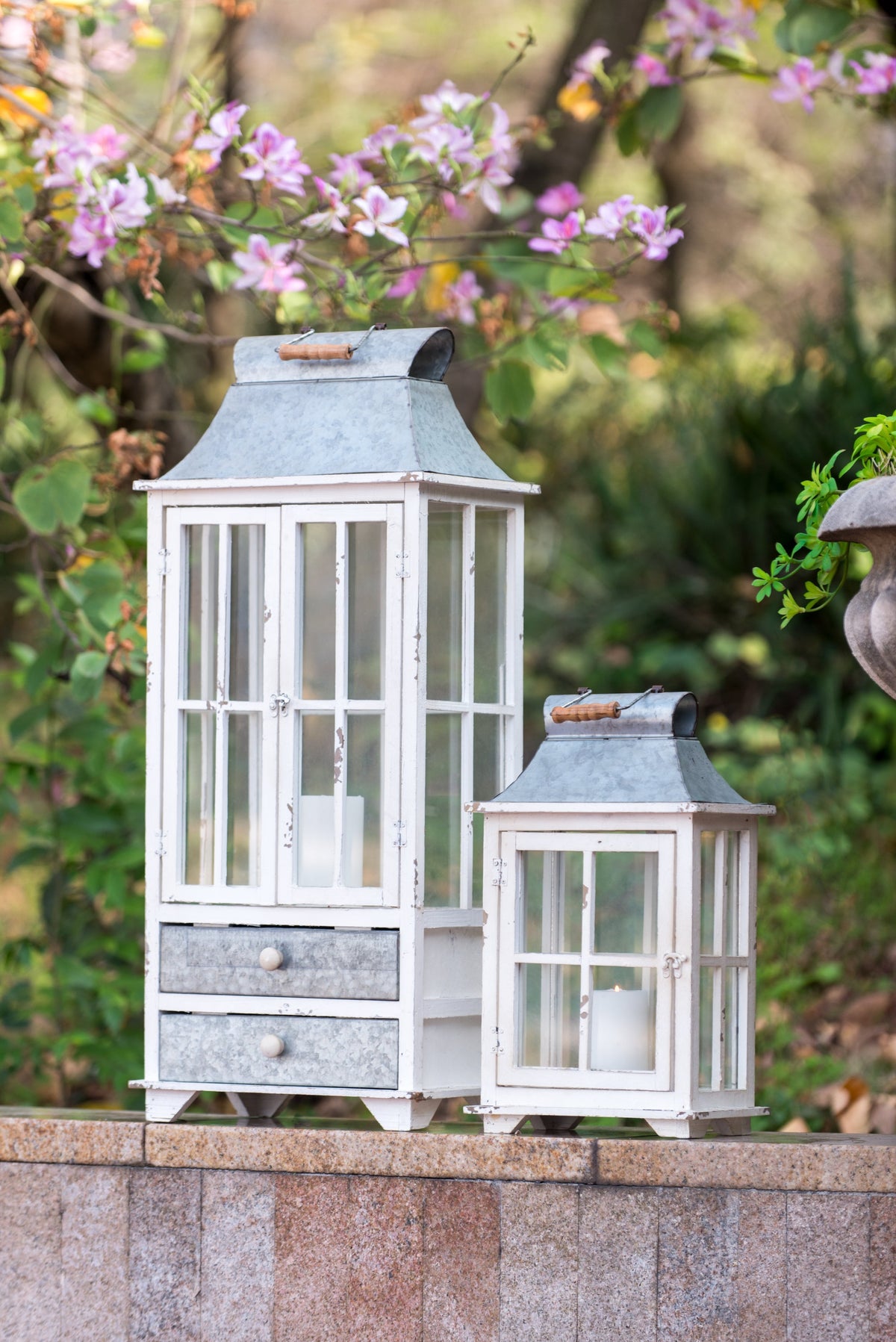 Set of 2 Ivory Wood & Metal Hurricane Candle Lanterns