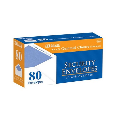 Bazic 5048 #6 3/4 Security Envelope w/ Gummed Closure (80/Pack) Case