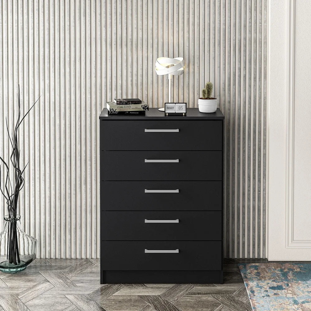5 Drawer Dresser Storage Unit Black Engineered Wood Melamine Finish Scratch Resistant Anti-Tip System Ball Bearing Glides