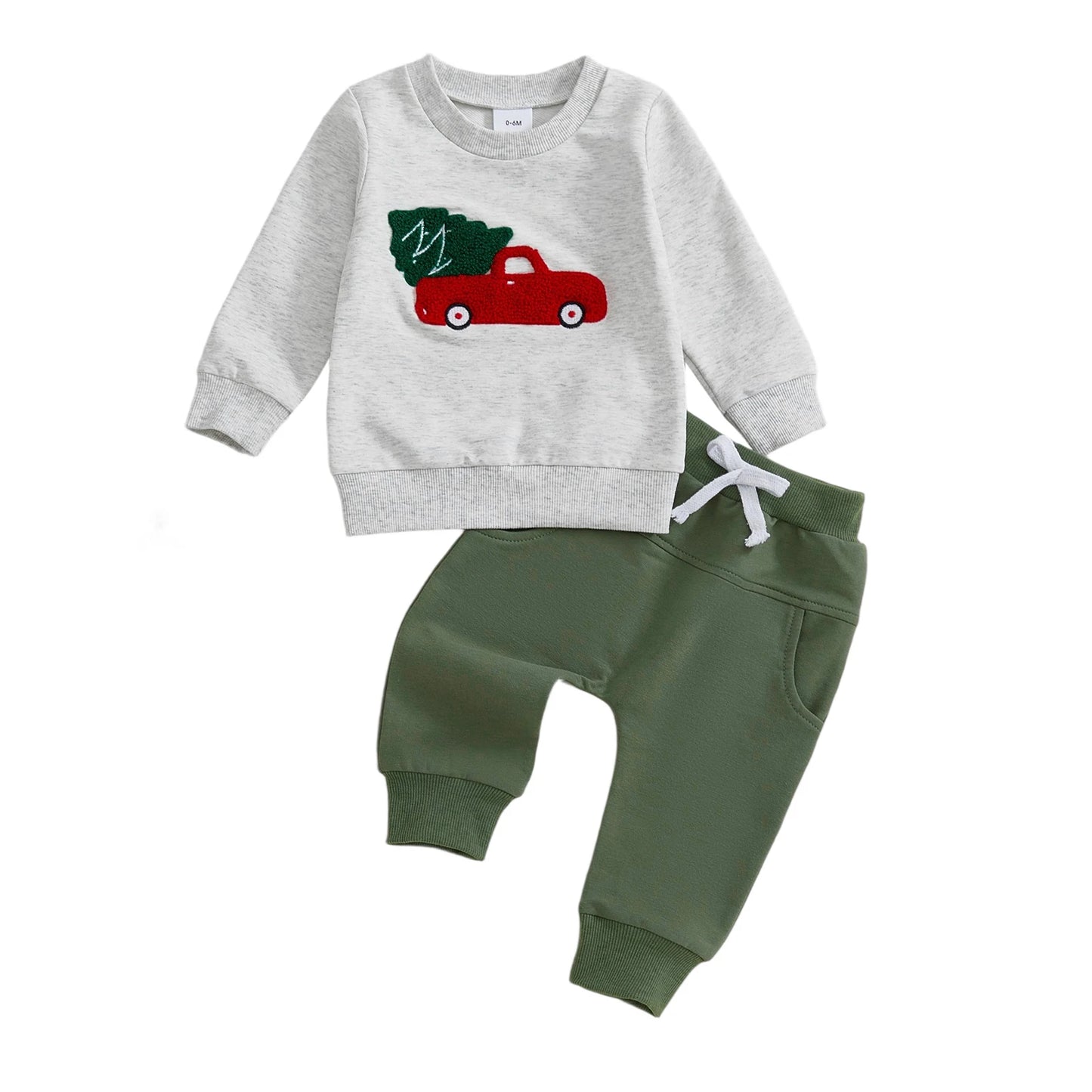 Infant Boys Winter Outfit Set with Festive Christmas Tree Embroidery Sweater and Cozy Pants for Toddlers - 2 Piece Ensemble