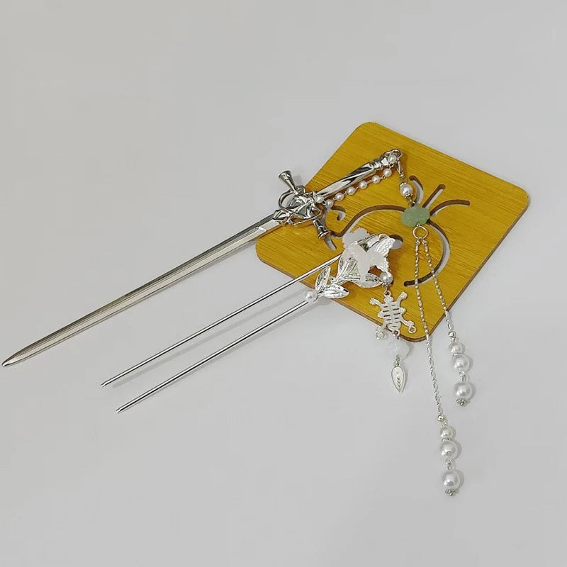 2025 New Chinese Style Sword Hair Sticks for Women Tassel Beads Chignon Pin Pearl Metal Leaves Hairpin Headdress Hair Accessorie