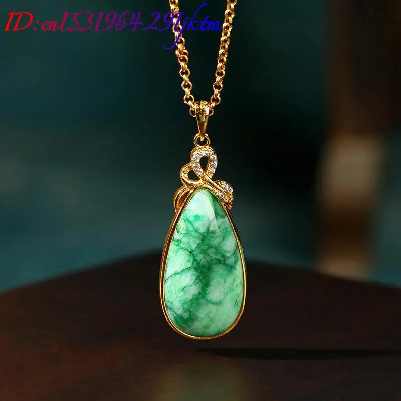 Natural Jade Water Drop Pendant Necklace Stone Carved Gemstone Real Jewelry Vintage Charm 18K Gold Plated Gifts for Women