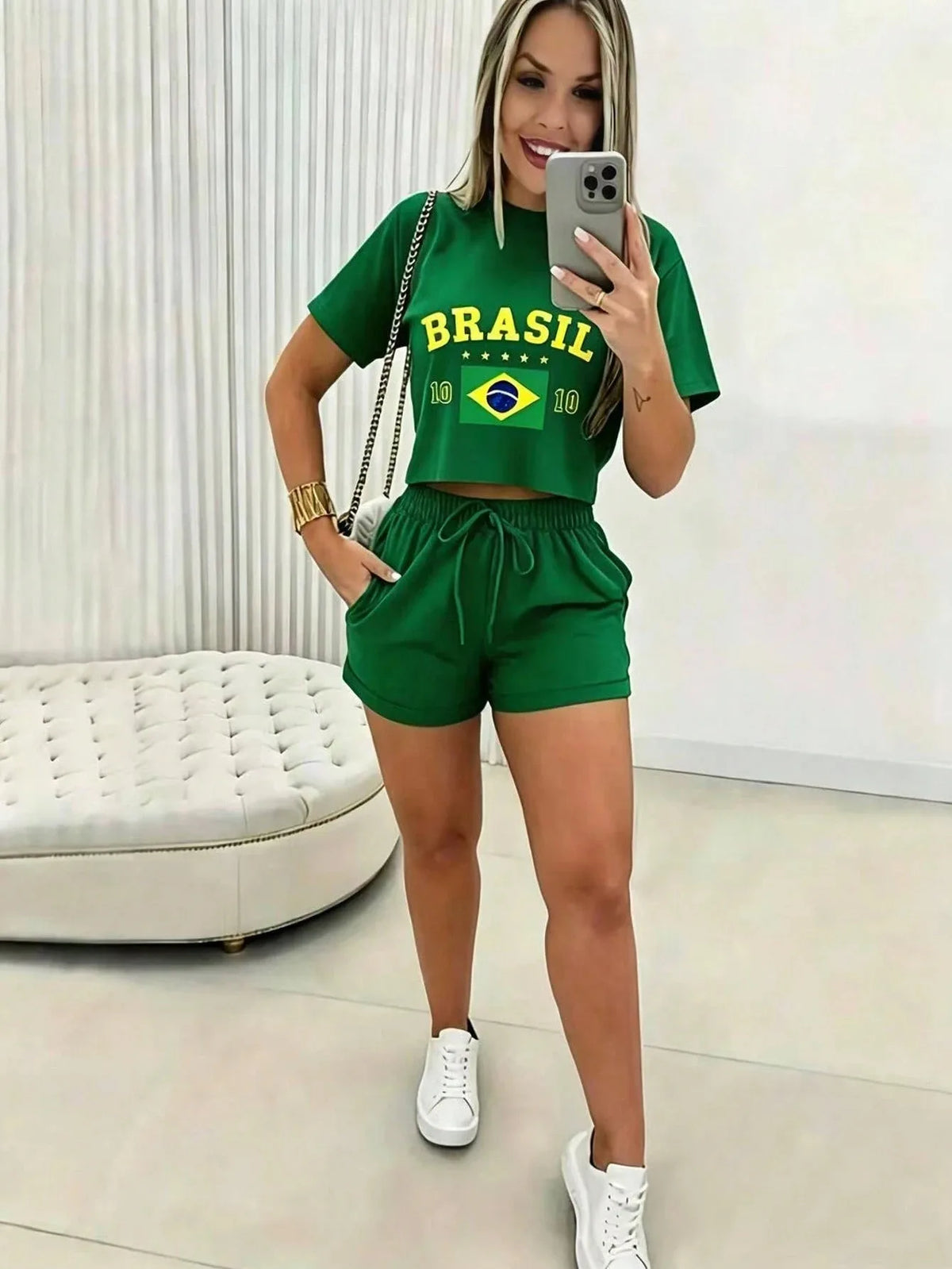 2026 Women's Short-Sleeve Set Brazilian Print T-Shirt Set Crew Neck Retro Streetwear Trendy Clothing Crop Top Sports Set